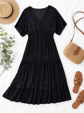 Simplee Apparel Black Lace V-Neck Maxi Dress Sz Large